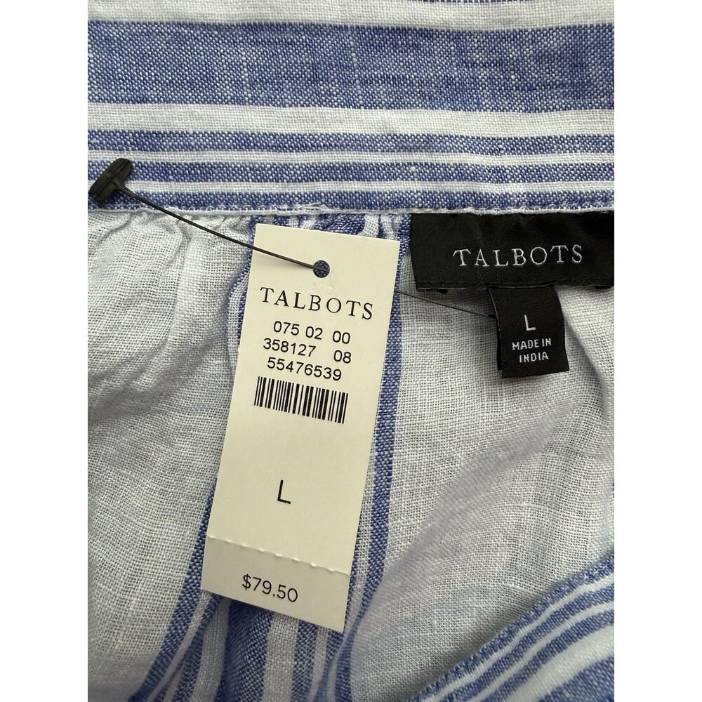 NWT Talbots Women’s 100% Linen Short Sleeve Blue And White Striped Blouse Size L - Picture 2 of 6